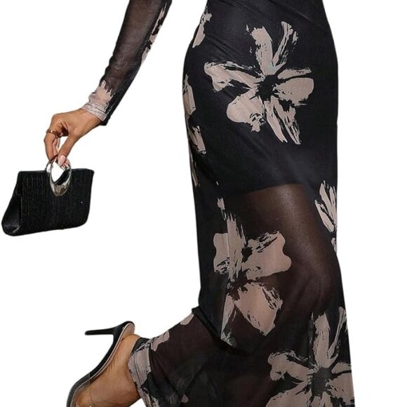 Women's Floral Dress Sheer Mesh Long Sleeve Maxi Bodycon Casual - Picture 1 of 5